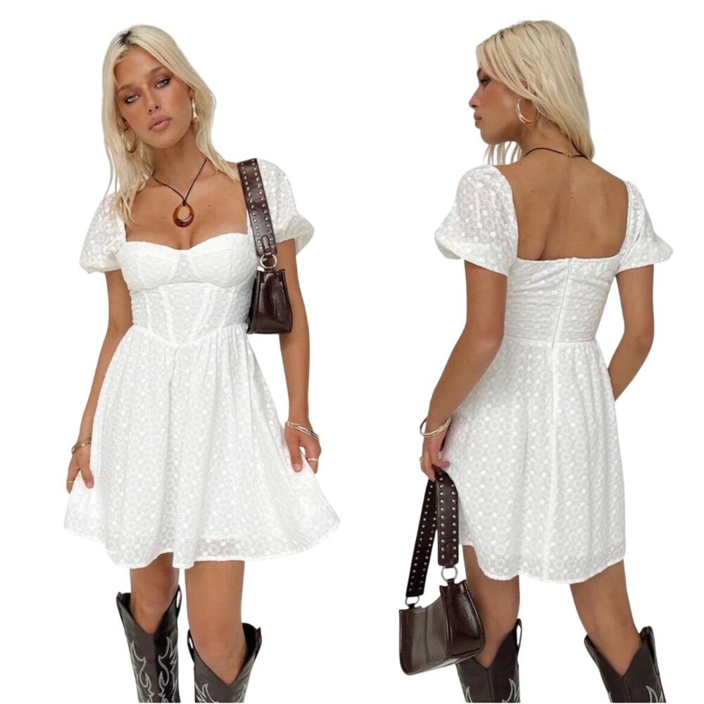 Princess Polly Darso White Eyelet Puff Sleeve Corset Mini Dress Size 6 NWT